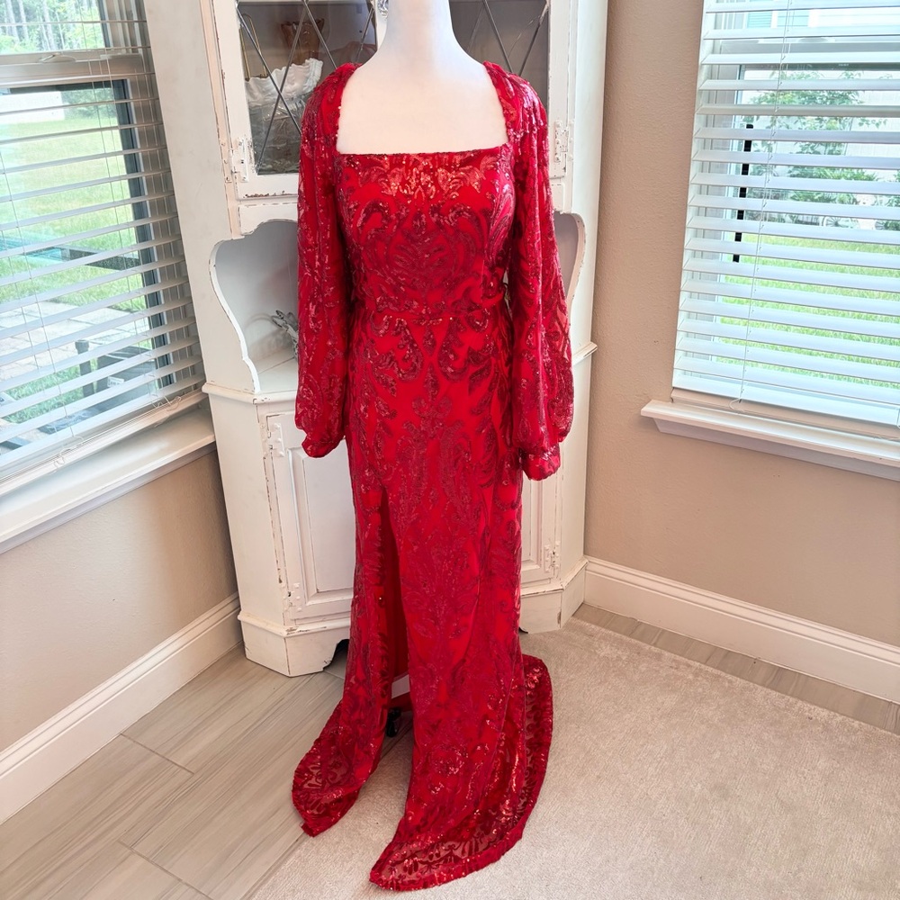 NWOT Long Red Dress with Sequins Long Sleeve Size L/14